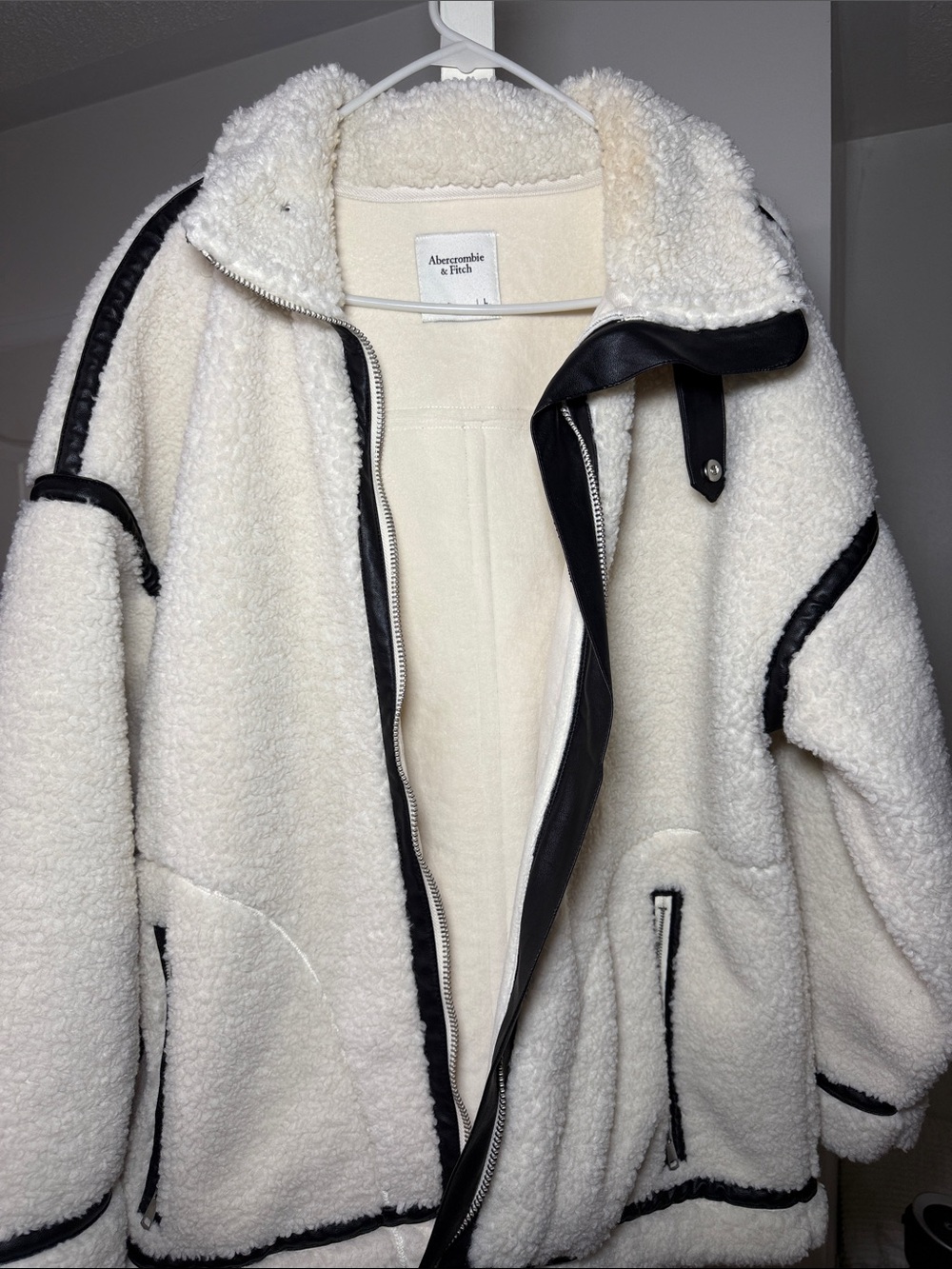 Abercrombie & Fitch Cream Sherpa Jacket with Black Trim Accents